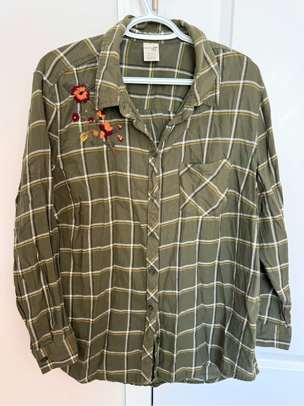 Terra & Sky Olive Green Plaid Button-Down Shirt with Floral Embroidery